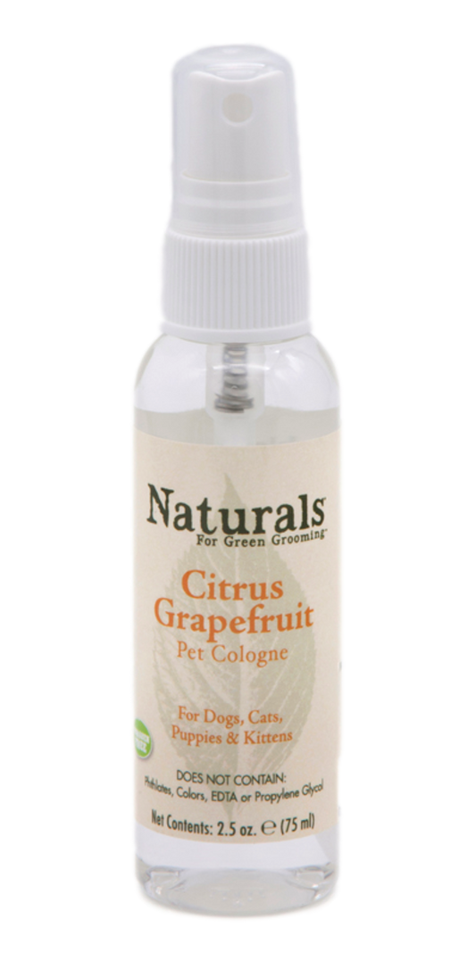 A 2.5 ounce clear spray bottle of a Natural pet cologne with a spritzer and a tan label that reads: "Naturals For Green Grooming. Citrus Grapefruit Pet Cologne for Dogs, Cats, Puppies & Kittens"