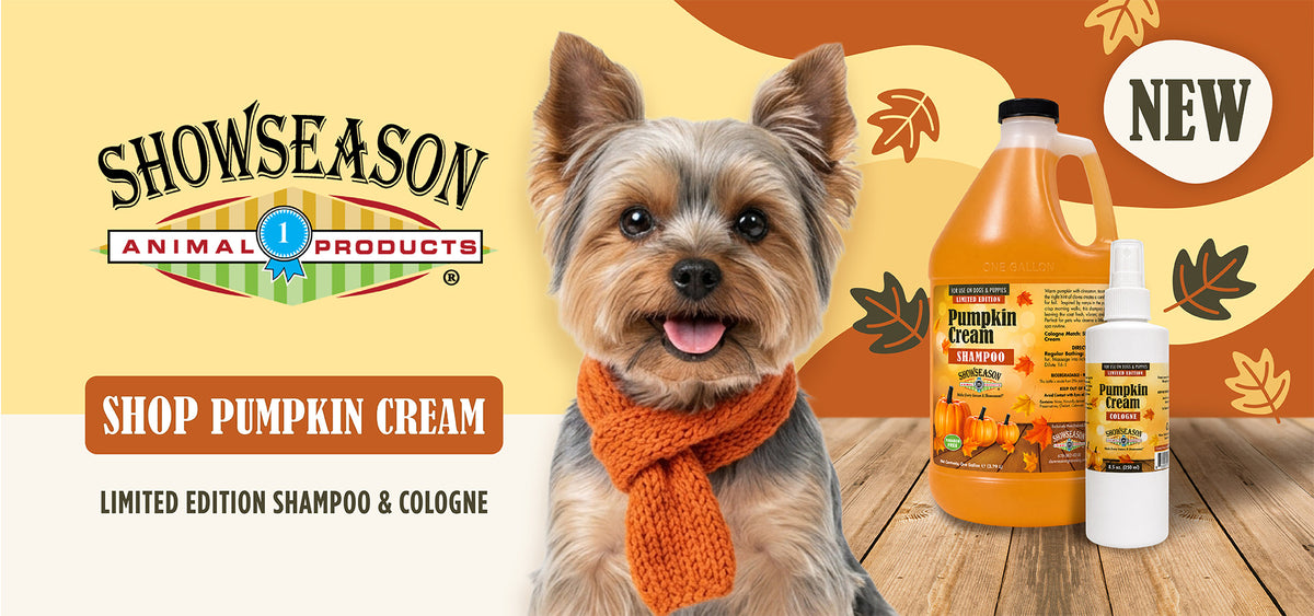 New limited-edition Showseason Pumpkin Cream Pet Shampoo & Cologne featuring a dog in a cozy fall setting.