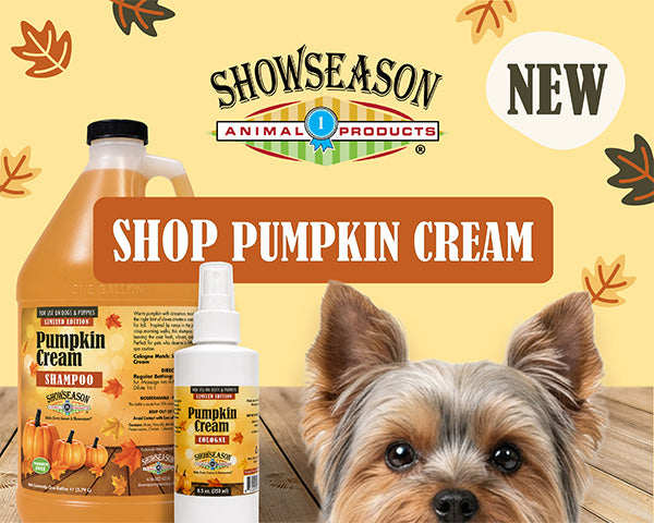 New limited-edition Showseason Pumpkin Cream Pet Shampoo & Cologne featuring a dog in a cozy fall setting.
