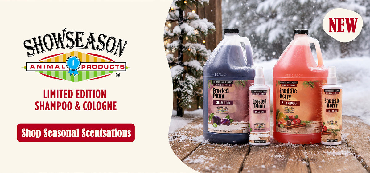 Showseason® Frosted Plum and Snuggle Berry limited-edition pet shampoos and colognes displayed in a snowy winter setting with a Shop Seasonal Scentsations button.