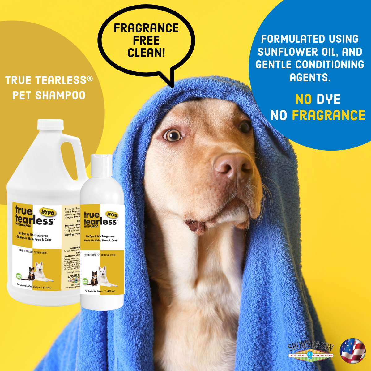 Dog with a towel on its head with a yellow background and features true tearless pet shampoo and states that the shampoo is formulated using sunflower oil and gentle conditioning agents