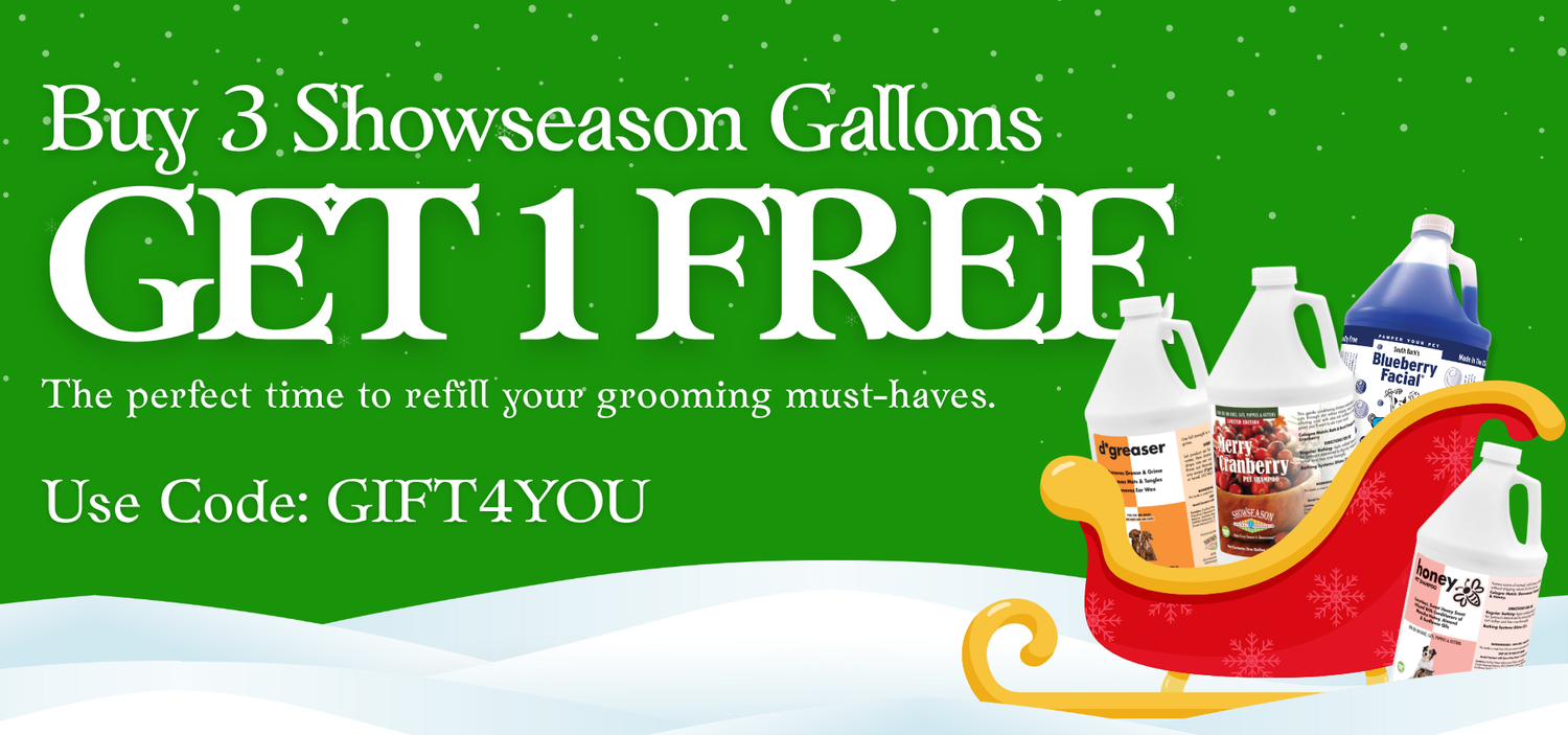 Holiday promotion banner showing 'Buy 3 Showseason Gallons, Get 1 Free' with grooming product bottles in a red sleigh and the code GIFT4YOU.