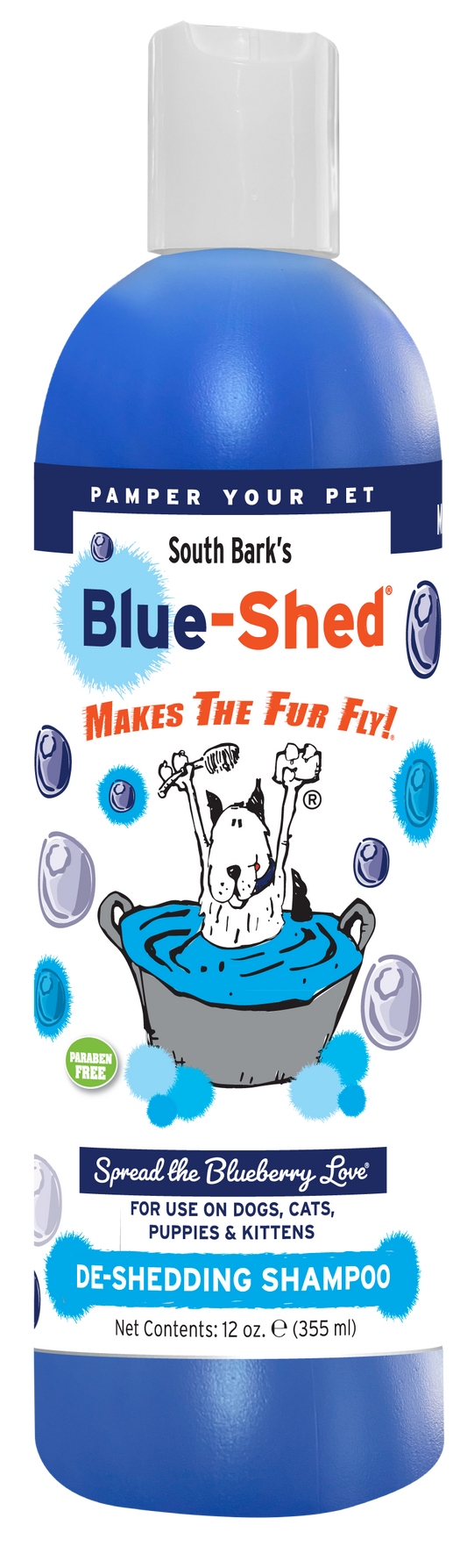 South Bark's Blue-Shed De-shedding Shampoo with product information and instructions in 12 ounce bottle. 