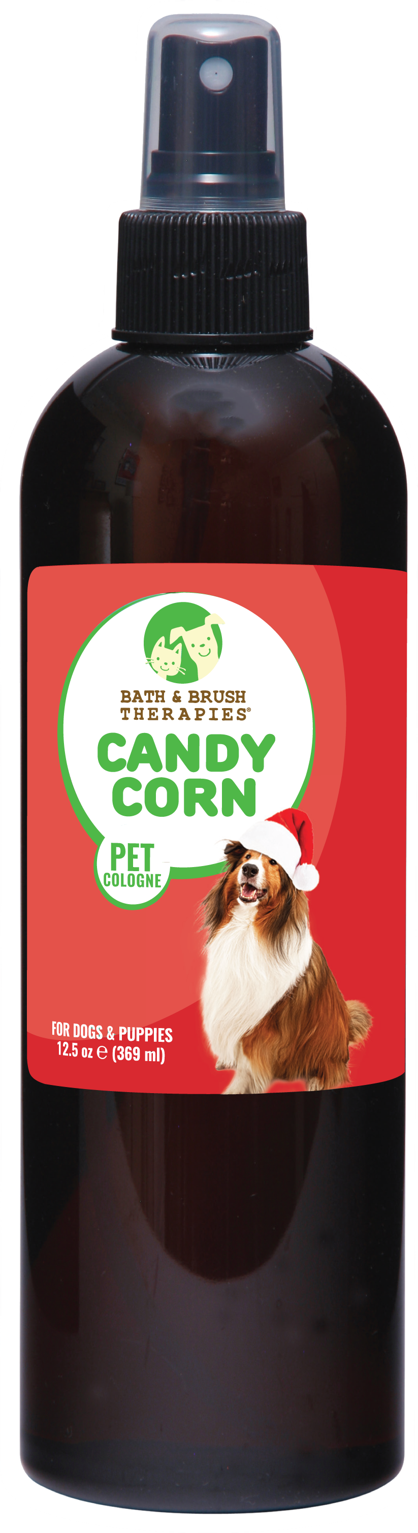 Candy Corn pet cologne with a dog in a Santa hat on a red and black bottle 