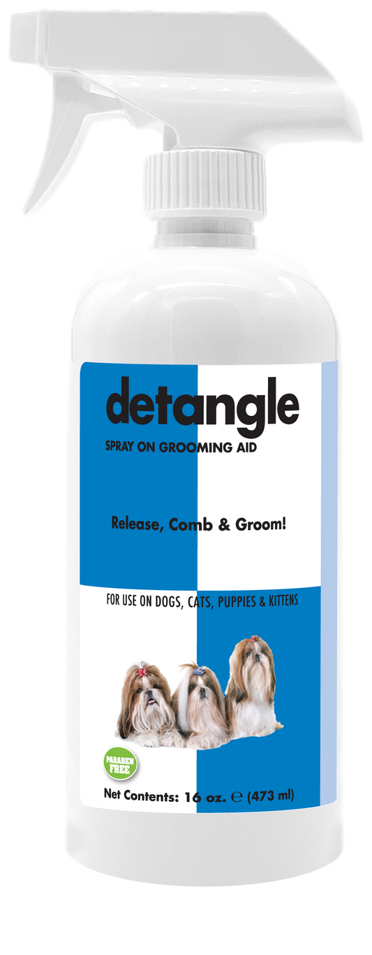 Detangle pet spray with product information and instructions in a 16 ounce spray bottle. 
