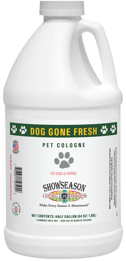 Dog gone pet cologne in half gallon bottle.