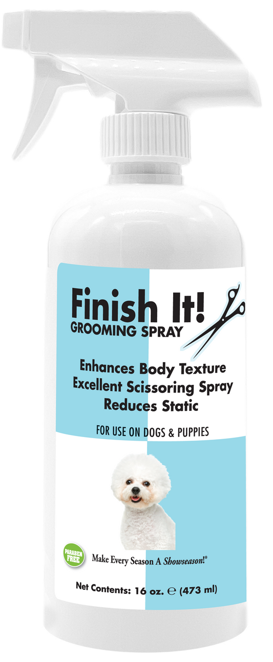 Finish It! Pet Grooming Spray with product information and instructions in a 16 ounce spray bottle. 
