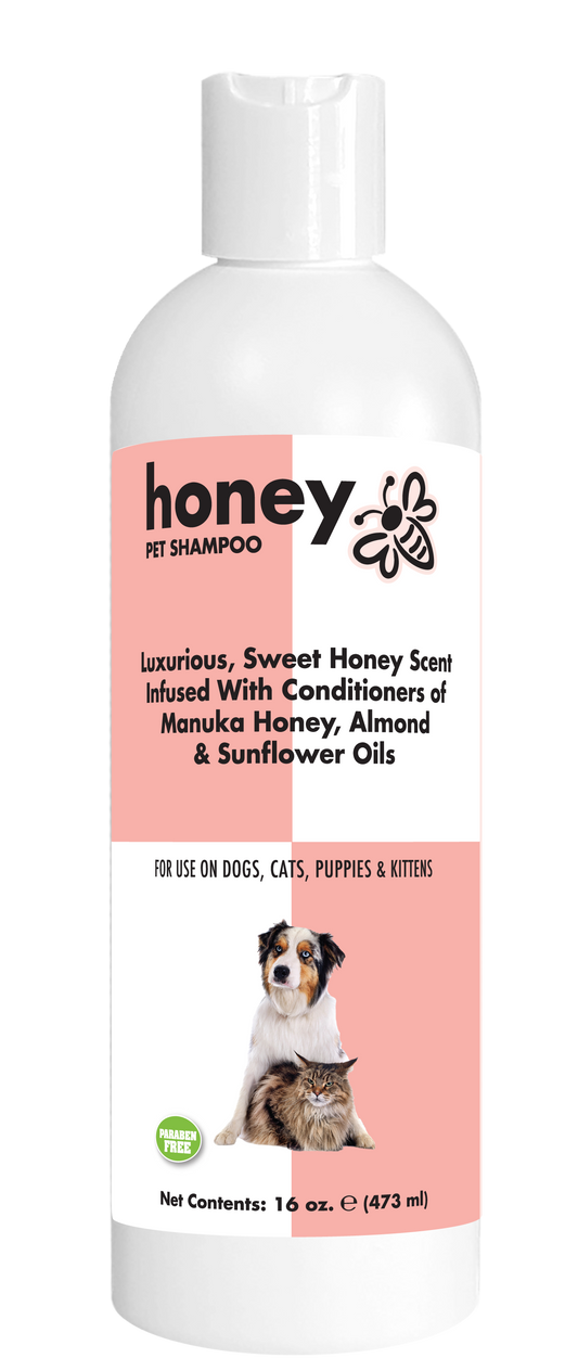 Honey Pet Shampoo with product information in 16 ounce bottle. 