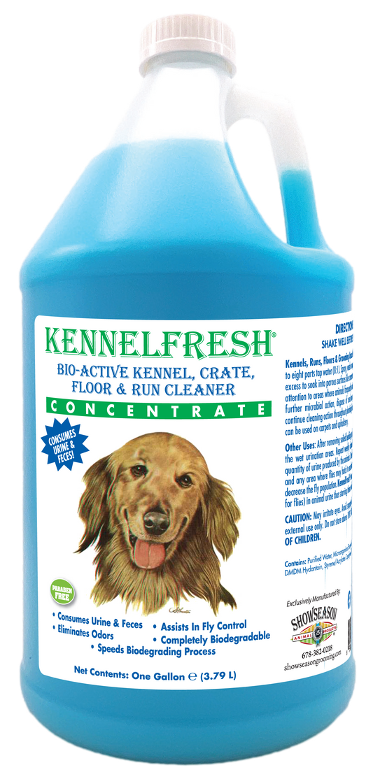 Kennel Fresh Bio-active kennel, crate, floor & run cleaner one gallon with product information 
