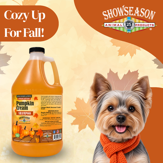 Fall-themed graphic featuring Showseason® Pumpkin Cream Pet Shampoo with a groomed Yorkshire Terrier and “Cozy Up For Fall!” text