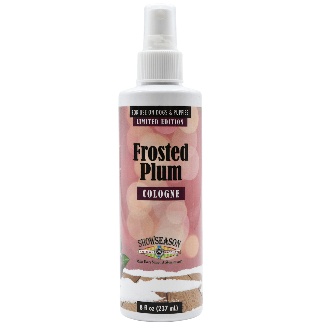 Front view of a bottle of Showseason® Frosted Plum Pet Cologne on a white background