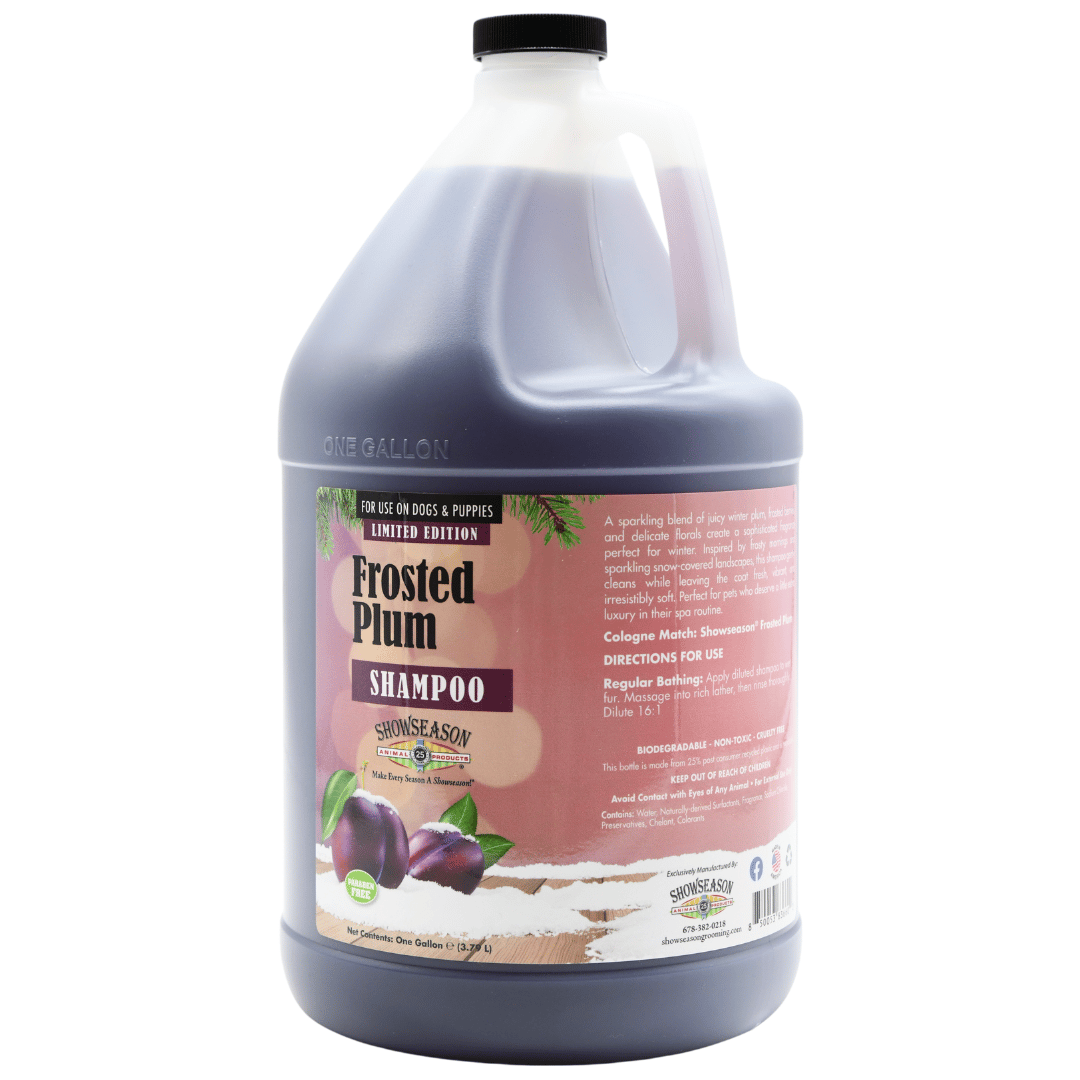 Front view of a gallon jug of Showseason® Frosted Plum Pet Shampoo on a white background