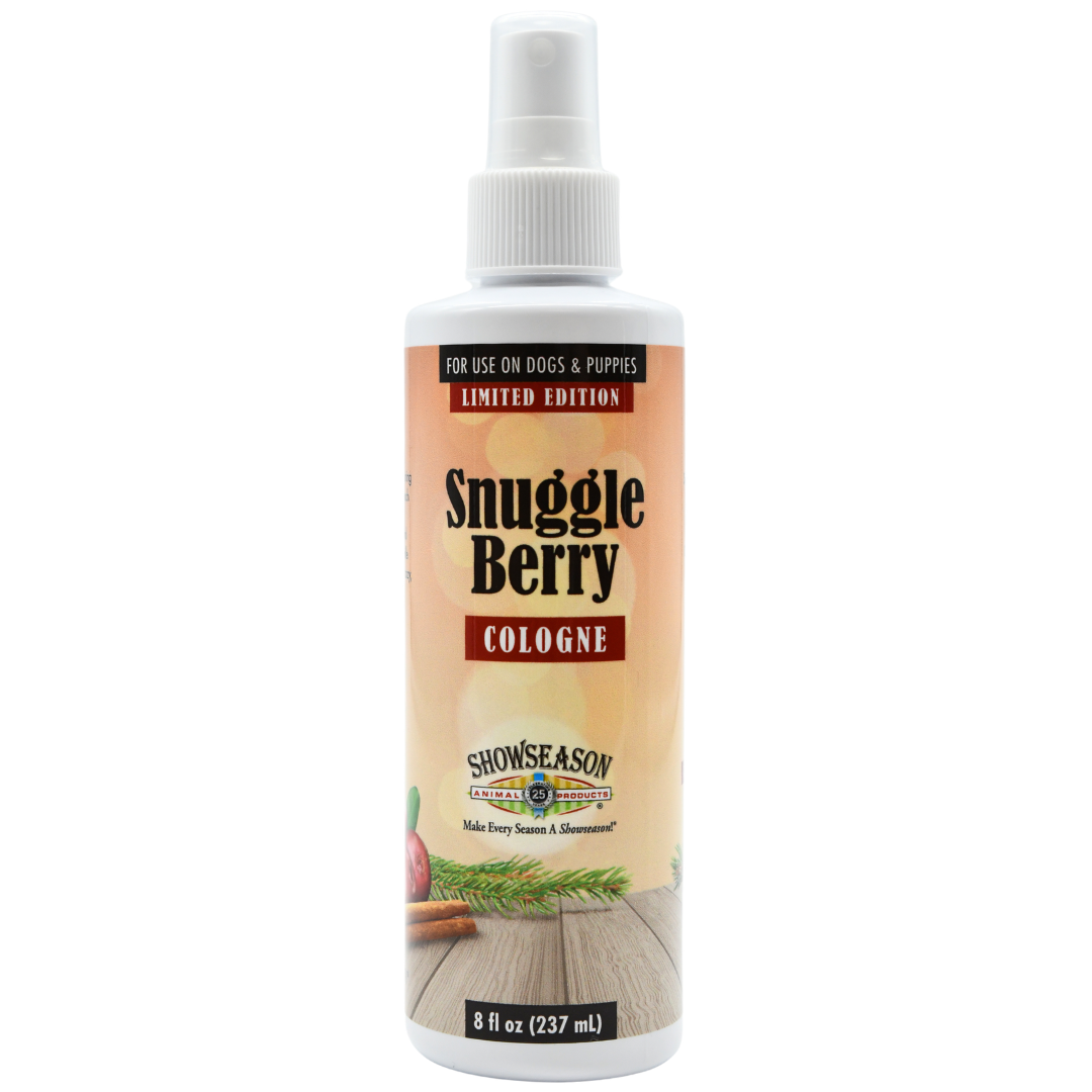 Front view of a bottle of Showseason® Snuggle Berry Pet Cologne on a white background