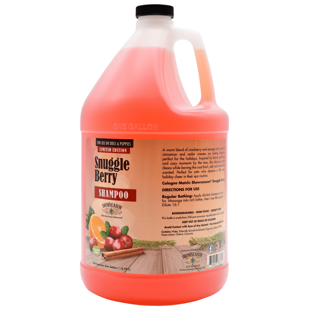 Front view of a gallon jug of Showseason® Snuggle Berry Pet Shampoo on a white background