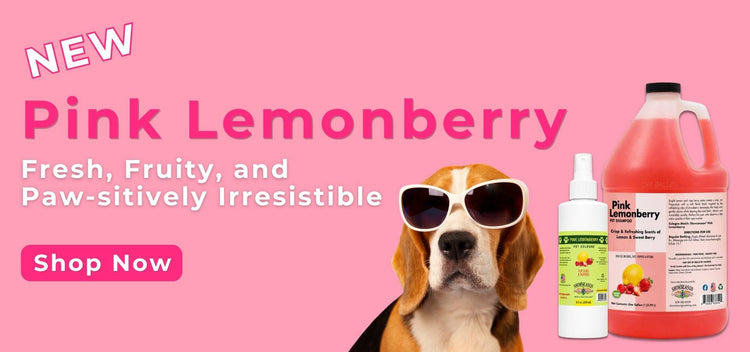 Banner featuring a dog wearing white sunglasses beside Showseason® Pink Lemonberry Pet Shampoo and Cologne bottles on a pink background. Text reads: “NEW Pink Lemonberry. Fresh, Fruity, and Paw-sitively Irresistible,” with a pink “Shop Now” button below.