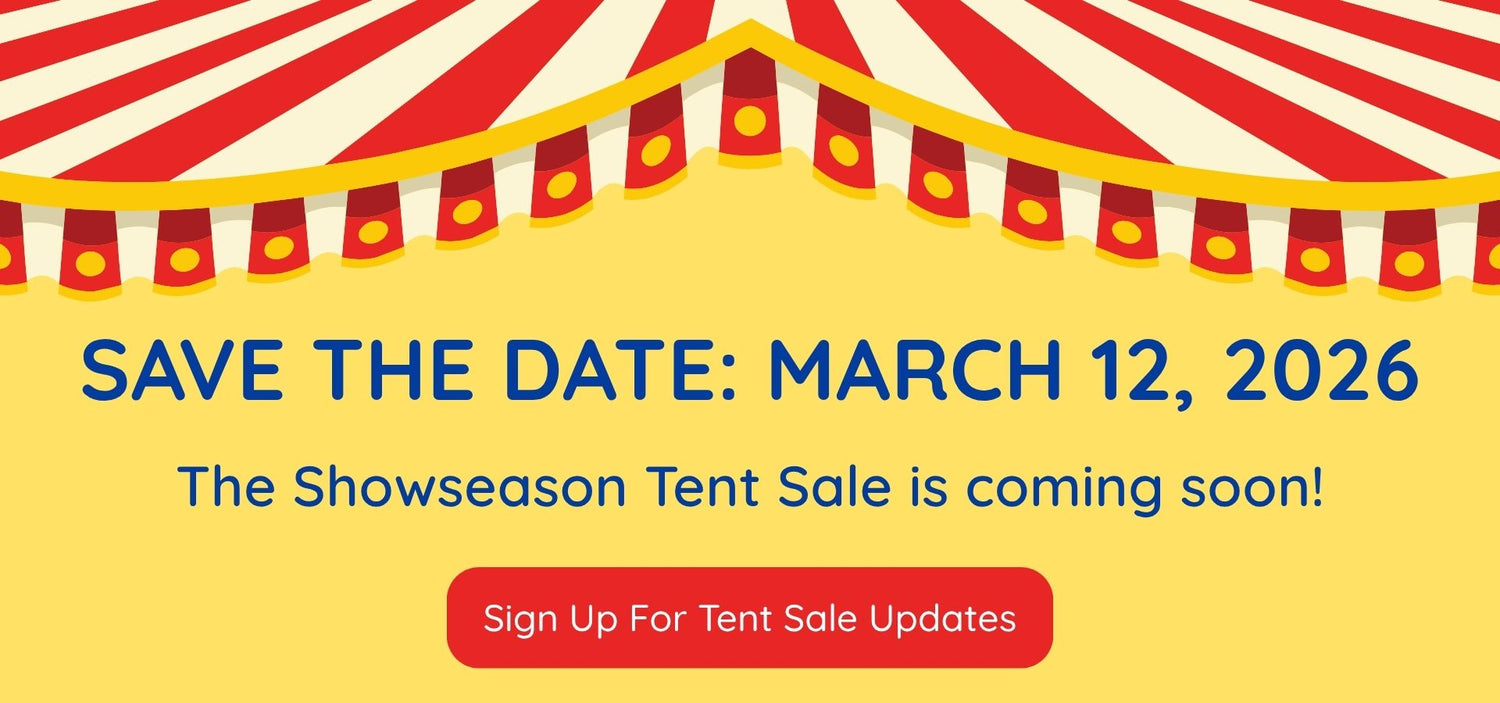 Save the Date banner for the Showseason Tent Sale on March 12, 2026, with a circus tent design and a button prompting users to sign up for sale updates.