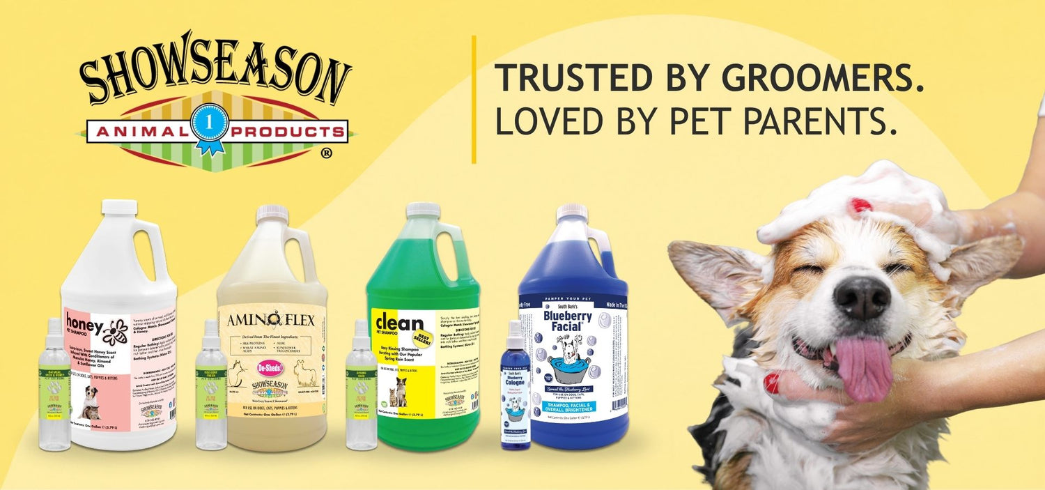 A promotional banner for Showseason Animal Products featuring several pet grooming products on the left, and a wet dog being bathed on the right with the text 'TRUSTED BY GROOMERS. LOVED BY PET PARENTS.'