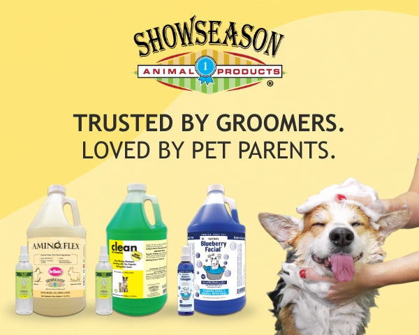 Promotional graphic for Showseason Animal Products on a pale yellow background. Visible products include several gallon jugs and 8 oz bottles, with a dog being bathed by human hands.