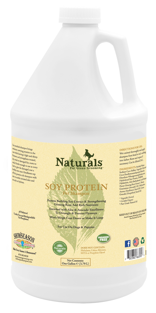 Naturals for Green Grooming Soy Protein Pet Shampoo in 21 gallon bottle.