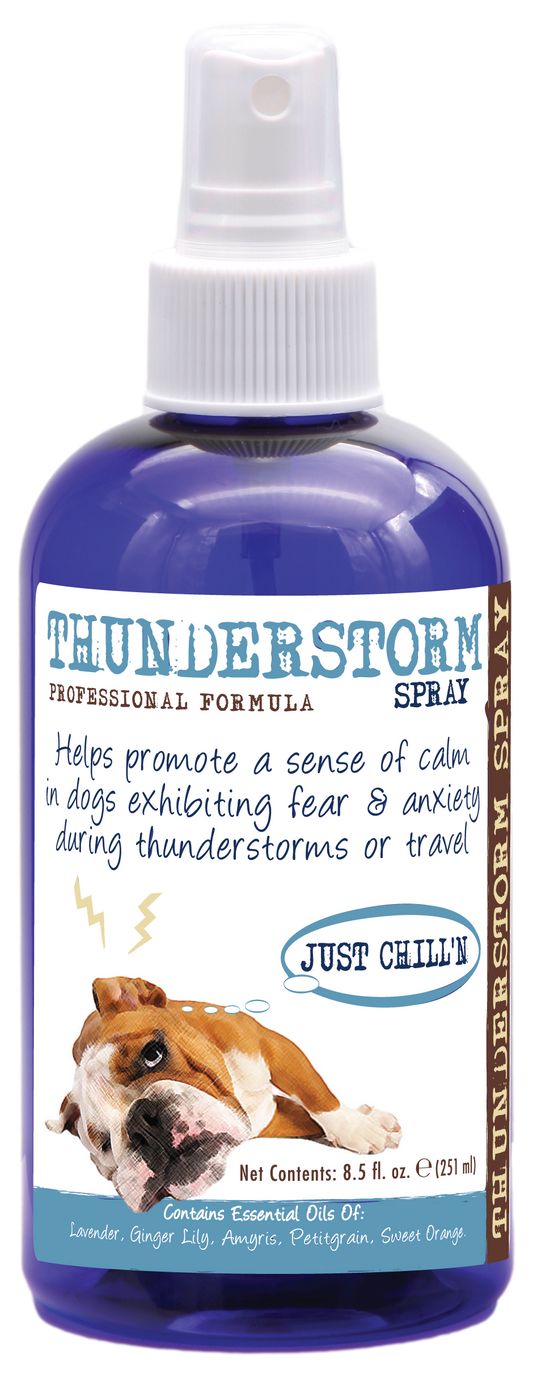 Thunderstorm Calming Spray in 8.5 ounce spray bottle.