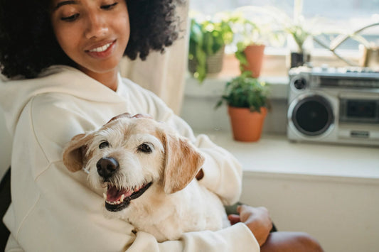 Person holding and petting smiling dog.