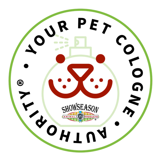 logo with spray bottle with "your pet cologne authority" around the bottle and red dog face in the middle 