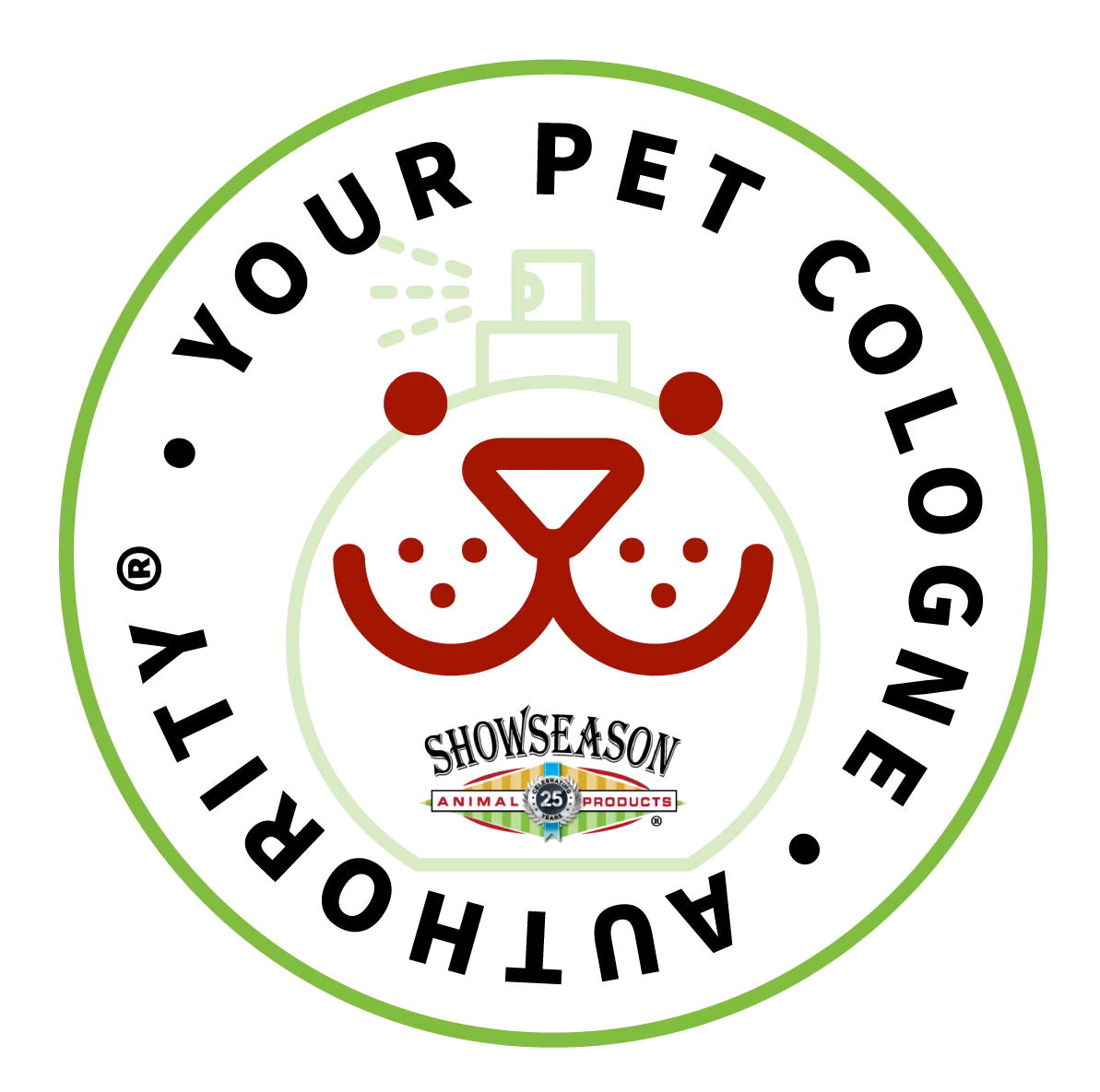 logo with spray bottle with "your pet cologne authority" around the bottle and red dog face in the middle 