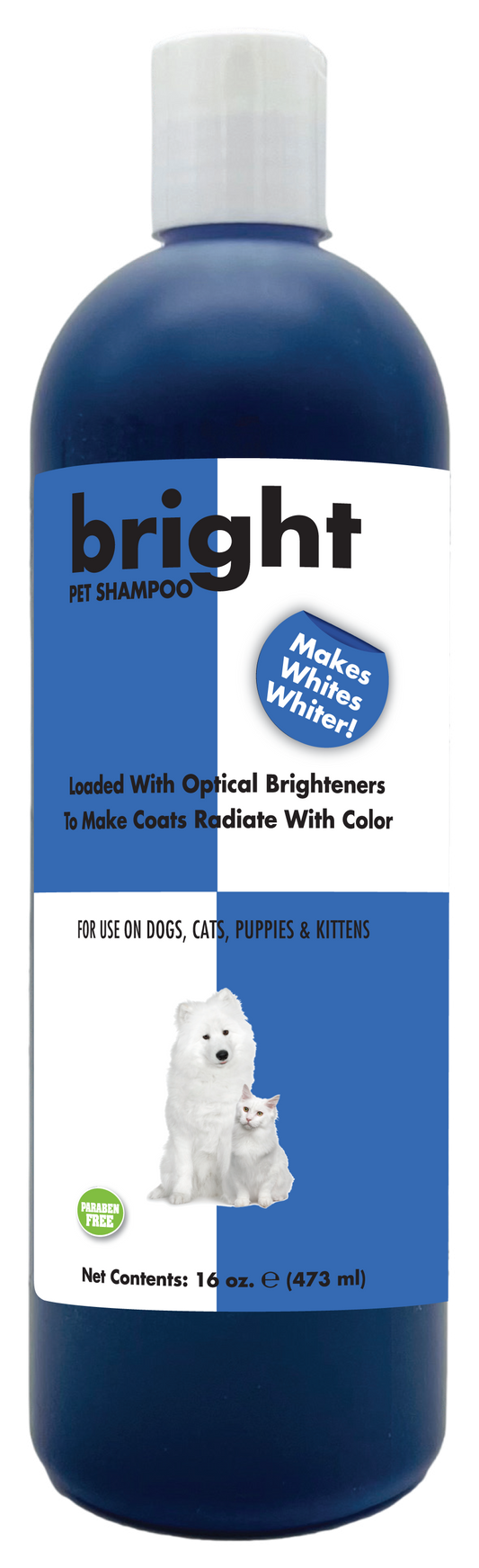 Bright Pet Shampoo with product information and instructions in a 16 ounce bottle. 