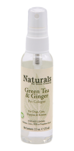 A 2.5 ounce clear spray bottle of a Natural pet cologne with a spritzer and a tan label that reads: "Naturals For Green Grooming. Green Tea & Ginger Pet Cologne for Dogs, Cats, Puppies & Kittens"