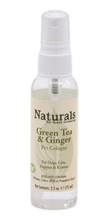 Load image into Gallery viewer, A 2.5 ounce clear spray bottle of a Natural pet cologne with a spritzer and a tan label that reads: &quot;Naturals For Green Grooming. Green Tea &amp; Ginger Pet Cologne for Dogs, Cats, Puppies &amp; Kittens&quot;
