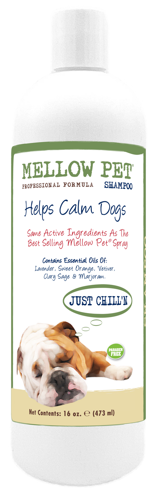 Mellow Pet Shampoo with ingredients and instructions in 16 ounce bottle. 
