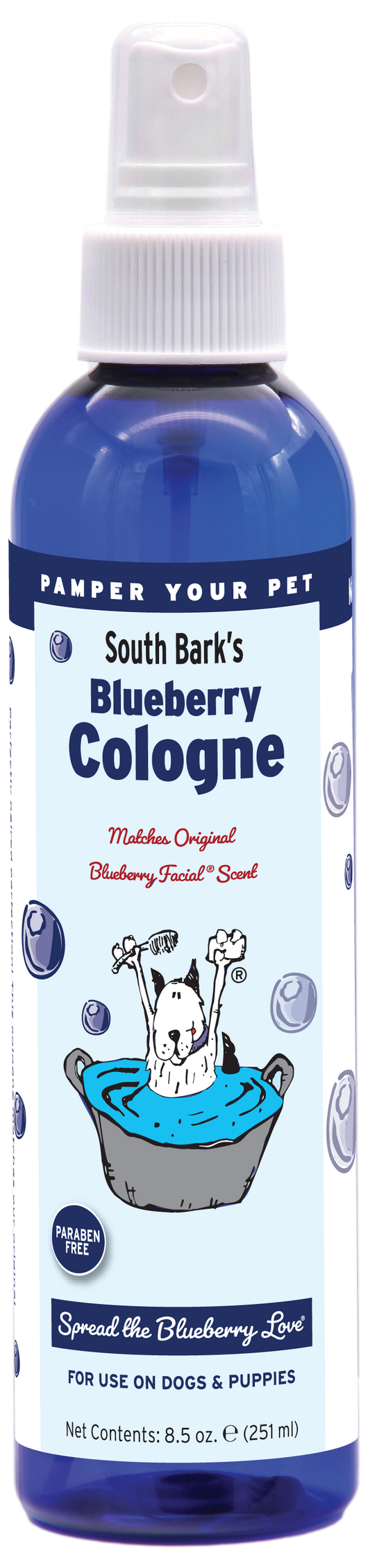 South Bark's Blueberry Cologne in 8.5 ounce pump spray bottle. 