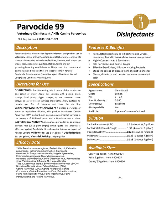 Parvocide 99 Disinfectant One Gallon | Kills Canine Parvovirus