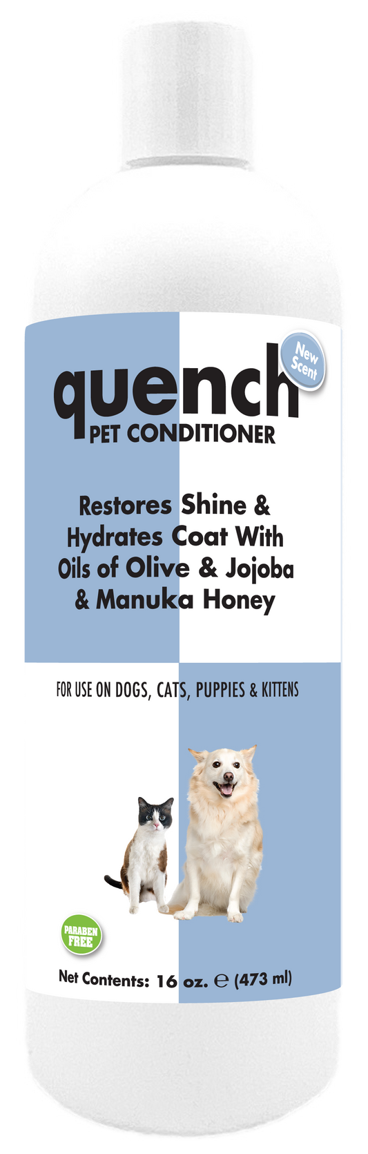 Quench Pet conditioner in a 16 ounce bottle with product information
