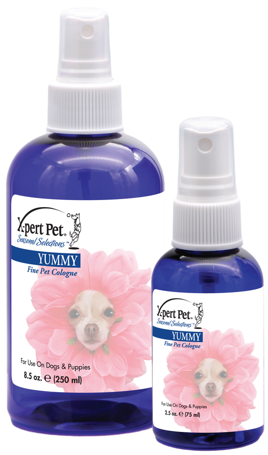Two bottles of X-Pert Pet Yummy Pet Cologne for dogs, in sizes 2.5 oz. and 8.5oz